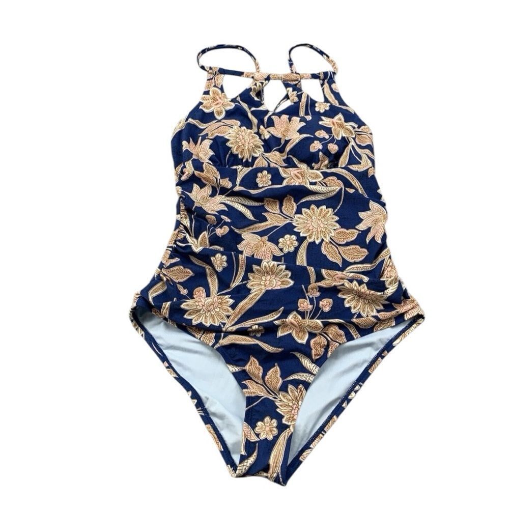 Cupshe Rich Flower Cutout Ruching One Piece Swimsuit Women Small Blue no tags